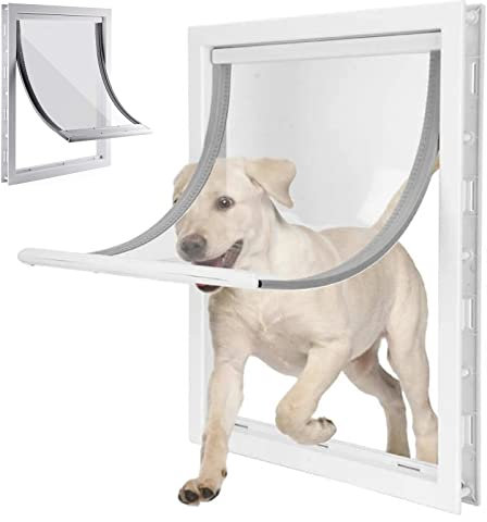 Hundeklappe Katzenklappe Große Mit Veriegelungsplatte Haustierklappe Aus PVC-Kunststoff,Wetterfeste Haustierklappe, Für Innentür Und Außenmontage Für Kleine, Mittlere, Große Hunde,Weiß,L