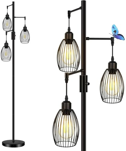 HiBay LED Floor Lamp Dimmable, Industrial Rustic Farmhouse Floor Light for Living Room Bedroom, Standing Tree Lamps Room Decor, 3 x 8W 800LM LED Bulbs Included