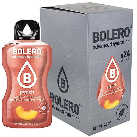 Bolero PEACH 24x3g | Jus en poudre sans sucre, édulcoré à la stévia + vitamine C | pour enfants et sportifs | sans gluten, végétalien | saveur de pêche