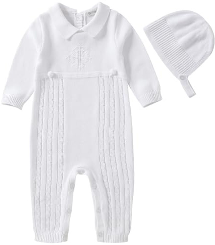 Booulfi Baby Clothes 0-3 Months White Knitted Sweater Romper Baby Boys' Christening Gowns & Clothing 2 Pcs Long Sleeve Cable Knit Jumper Boys Christening Gifts