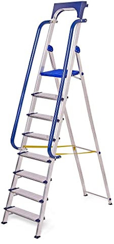 HOSTROM - Escalera de 8 peldaños Secure Pro, aluminio reforzado, seguro con rampas, estante portaherramientas, altura plataforma 182 cm, carga 150 kg