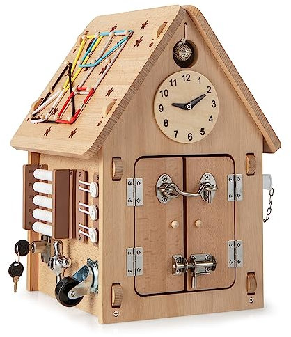 COSTWAY Cube d'Activité en Bois en Forme Maison avec Espace de Rangement Intérieur, Maison de Jouet Educative avec Coins Ronds, 33x33x45cm, Cadeau Précoces pour Garçon et Filles de 3 Ans+ (Naturel)