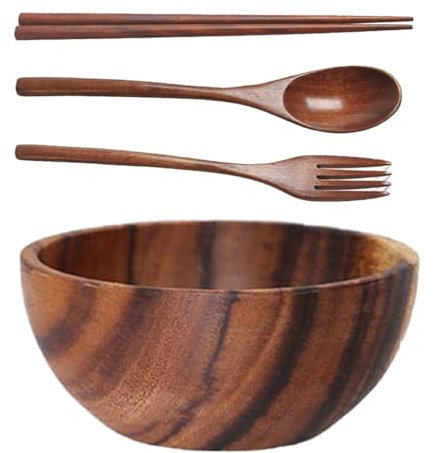 Kopida Grand bol de service rond en bois d'acacia avec ustensiles en bois