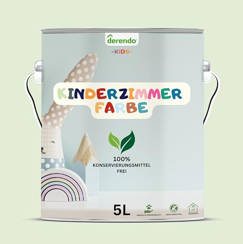 derendo Kinderzimmer Wandfarbe grün – Umweltfreundlich, Geruchsneutral, Hohe Deckkraft, Schadstofffrei – Farbenfrohe Auswahl pastellfarben Farbe (Pastellgrün - Froschgrün, 5 Liters)