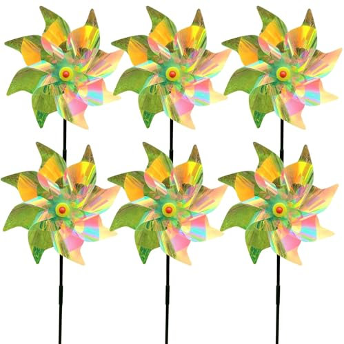 MOGADEE® 6 Stück Windräder Vogelabwehr xuancai, Reflektierende Windräder, Windrad Vogelabwehr, Vogelschreck Windrad, Windräder Garten für Balkon, Obstgarten, Hof, Dach (Farbverlauf Bunte, 55x24cm)