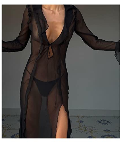Cache-Maillots Cover Up Volants transparents col en V cravate plage longue robe été Sexy Bikini couvertures à manches longues haut fendu ourlet robe en maille Couverture De Bikini ( Color : Black , Si