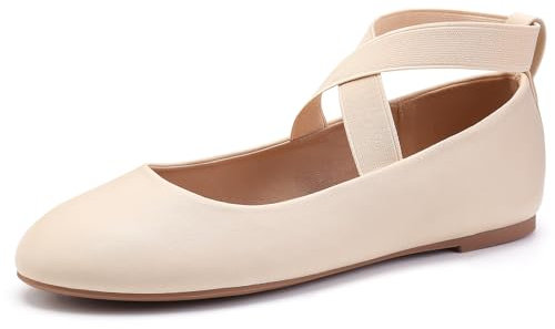 MaxMuxun Womens Ballerina Ankle Elastic Crossing Strap Round Toe Comfy Pump Shoes Nude