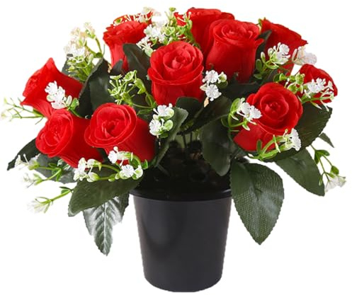 Etomvoop Fiori artificiali per tomba in vaso, 12 teste di rosa in seta artificiale, realistico, funerale, floreale, per commemorazione, cimitero, decorazione natalizia, con vaso