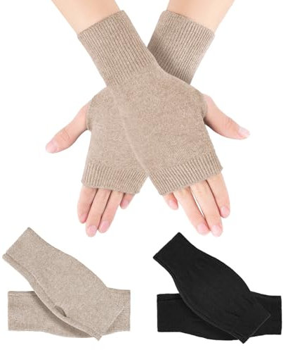 Kieswan 2 Paar Fingerlose Handschuhe Unisex, Gestrickte Pulswärmer Damen Weicher Handstulpen Herren Winter Handschuhe Ohne Fingerkuppen (Schwarz,Kamel)