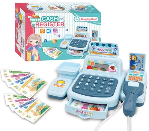 Kids Pretend Play Toy Till Cash Register with Scanner for Ages 3 4 5 + Years Old, Light and Sounds Children Shopping Cashier Play Till Childs Supermarket Shop Toys Gifts