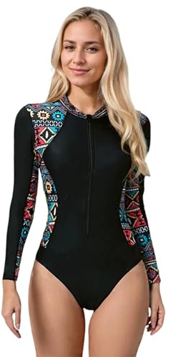 Beachkini Damen Surfanzug Badeanzug mit BH,UPF 50+ Langarm Reißverschluss Schwimmshirt,Langarm Einteilige Rashguard,One Piece Swimsuit,Schwarz,L