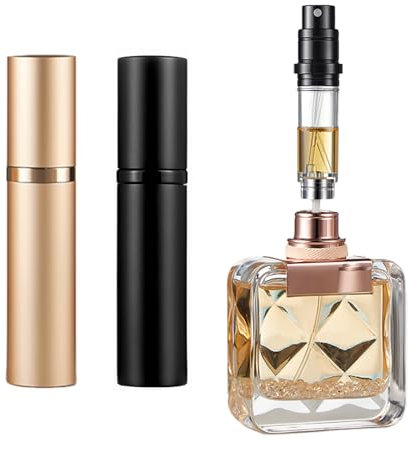 Vinuwu Refillable Perfume Atomiser 2 Pack 5ml, Mini Travel Aftershave Dispenser, Small Perfume Spray Bottle, Pocket Size Bottom Filling Perfume Dispenser for Women and Men (Black+Gold)