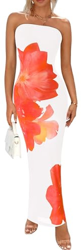 PRETTYGARDEN Women Summer Strapless Maxi Dress Bodycon Floral Sexy Long Wedding Guest Dress Formal Tube Mesh Cocktail Dresses(White Orange Floral,Medium)
