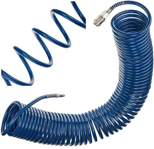 Manguera de aire comprimido SP-PE 15 m, manguera flexible en espiral Ø6,5/10 mm, manguera de aire PE, presión máxima 10 bar, con protección contra torceduras y acoplamiento rápido, para garaje y