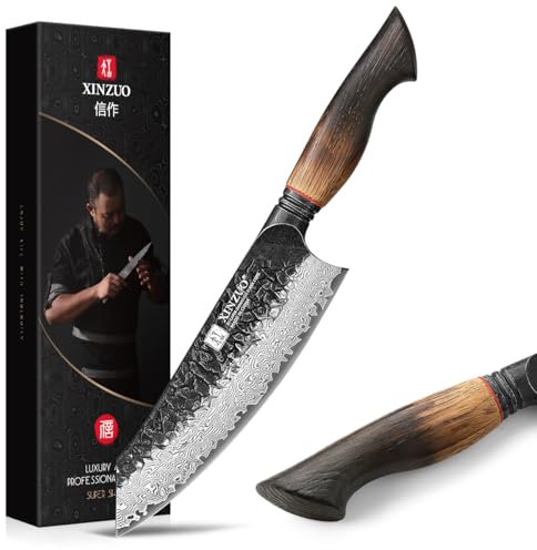 XINZUO Acero Damasco 19,3cm Cuchillo Santoku -Patrón Martillado Cuchillo de Chef de Cocina de Hoja Afilada Forjado Profesional -Mango Ergonómico de Roble Blanco y G10 Rojo -con Caja de Regalo