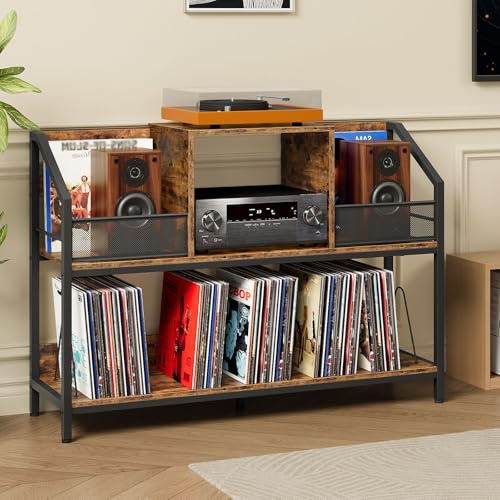 CHOEZON 43 Vinyl Record Storage Holder, Large Record Player Table, Holds up to 400 Albums, Vinyl Record Player Display Stand, Removable Dividers, for CD, Audio Equipment Storage, Rustic Brown TCW77BF