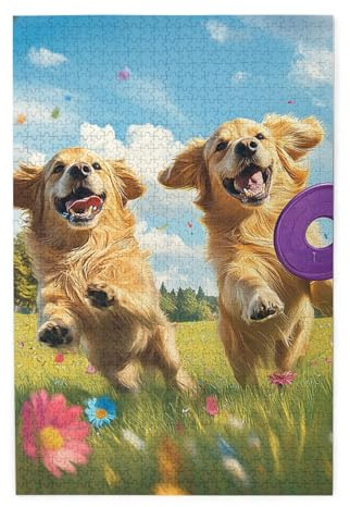 CDSASHCA Playful Pup Catching frisbees 1000 Piece Adult Wooden Puzzle,Energetic Dog Action Art,Ideal for Hands on Skills,Spell Out Your Child's Dream Kingdom,Gifts for Family and Friends