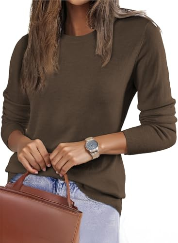 EVALESS Spring Sweaters for Women 2026 Trendy Lightweight Wool Blend Knit Sweaters Casual Long Sleeve Crewneck Sweater Spring Outfits Basic Pullover Sweater Tops Dark Brown Medium