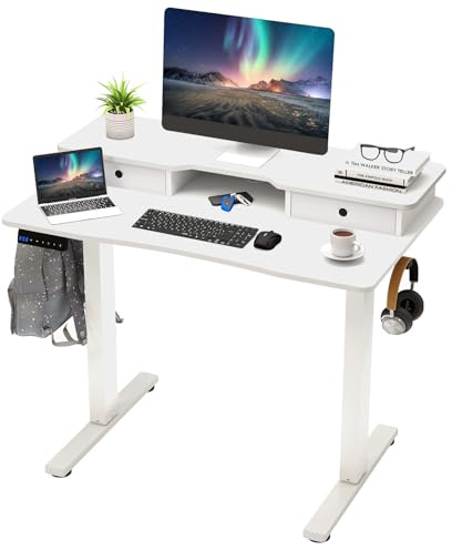 COSTWAY höjdjusterbart skrivbord, elektriskt datorbord 100 x 60 cm, ståskrivbord med bildskärmstativ, lådor, hyllor och 2 krokar, sittståskrivbord för hem och kontor (vit)