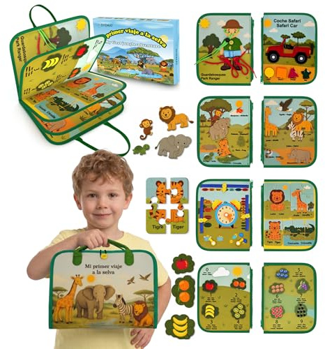 Busy Board Libro Montessori 3 años - Busy Book Animales de la Selva Bilingüe Español/Inglés - Juguete Educativo Sensorial Bebé - Juguetes Montessori de Fieltro - Tablero Montessori de Motricidad Fina