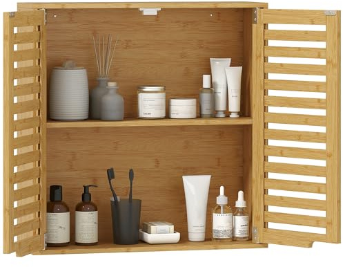 HOMCOM Pensile Bagno con Ante a Persiana in Bambù, Mobiletto Bagno Sospeso con Ripiano Interno Regolabile, 60x20x60 cm, Color Legno