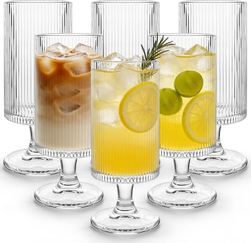 Wieat 300ml Highball Glasses, Ribbed Glassware, 6pcs Drinking Glasses, Drinking Cups for Beer, Juice, Water, Coffee, Cocktail