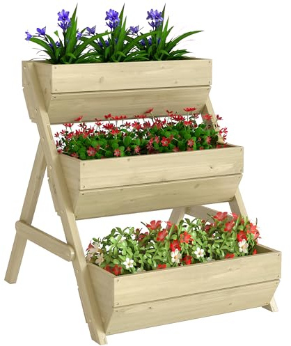 Outsunny Jardinière surélevée en Bois avec 3 étages, bac à Fleurs, étagère en escalier pour Plantes avec Trous de Drainage, pour terrasse, Balcon et Jardin, 65 x 75 x 76 cm, Vert