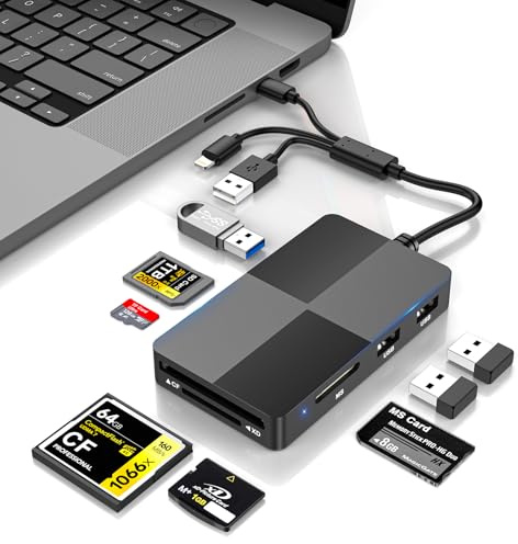8-in-1 Memory Card Reader, Memory Stick Pro Duo Adapter, SD/TF/MS/CF/XD Card Reader with 3 USB 2.0 Ports, USB-C/Lightning/USB-A Multi Card Reader for iPhone iPad Android Mac PC, OTG Plug & Play