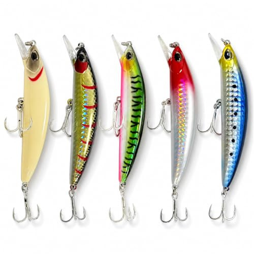 5 Sjunkande Minnowbeten, 90 mm 26,3 g for Långa Kast vid Havsfiske | Reflekterande Fjällfinish med 3D-Ögon, Rasselkulor och Dubbla Trekrokar for Abborre och Asp i Kustvatten