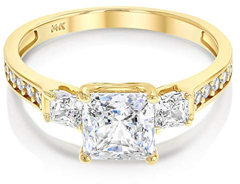 Ioka - Anillo de Compromiso de Oro Amarillo o Blanco de 14 Quilates, circonia cúbica de 1,5 Quilates, 3 Piedras, Corte Princesa
