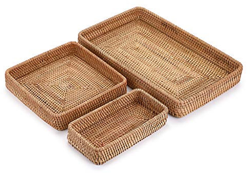 SUMNACON Set of 3 Handmade Rattan Woven Decorative Serving Tray Basket for Coffee Table Desk livingroom