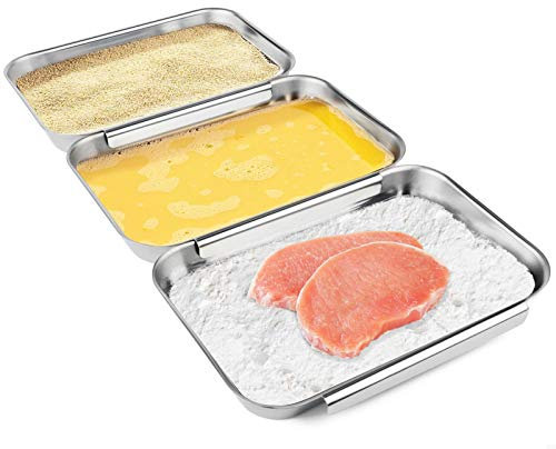 HULISEN Set of 3 Breading Pans, Stainless Steel Breading Set for Marinating Meat, Chicken, Fish, Food Prep Trays, Coating Trays Can Be Used to Baking Cake, Oven Safe