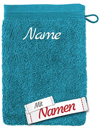 möve Superwuschel Waschhandschuh mit Namen Bestickt, Lagoon Grün/Blau Baumwolle Frottee, Waschlappen besticken Lassen, Waschtuch personalisiert