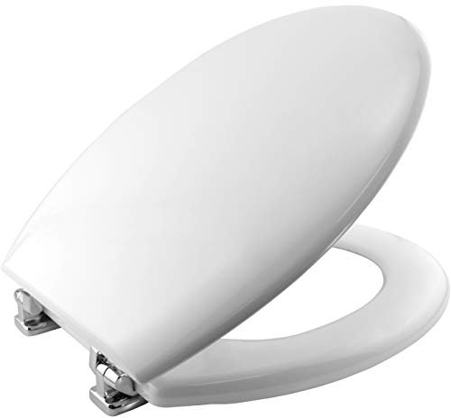 BEMIS New York Ultra-Fix White Toilet Seat. Wooden Toilet Seat with Water-Based Paint for Easy Cleaning, with Chrome Hinges, Universal & Easy Installation, White