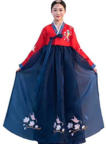 YUDATPG Hanbok - Conjunto de vestido de manga larga para mujer, disfraz coreano tradicional de palacio, boda, baile, cosplay, Halloween, Rojo y azul., S