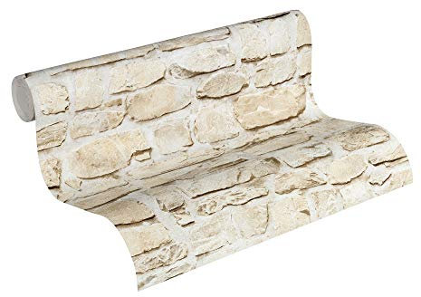 BRICOFLOR Steine Tapete | Naturstein Tapete in Maueroptik | Steintapete in Beige ideal für Küche und Wohnzimmer | Vliestapete in Steinoptik im Landhausstil