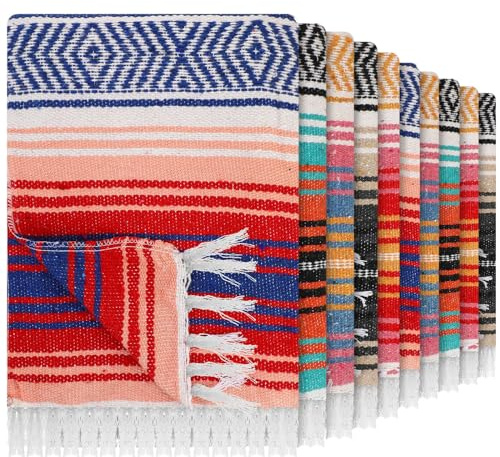 Haull 10 Pcs Large Mexican Blankets Bulk 51 x 71 Mexican Serape Blankets Yoga Authentic Throw Colorful Striped Falsa with Fringed for Outdoor Car Travel Camping Beach Picnic Patio Mat Towel
