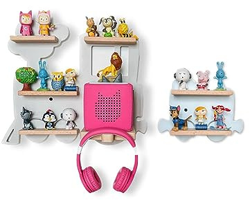 Tolina - Zug + Wagon Kinderregal für Musikboxen wie Toniebox und zugehörige Figuren - Regal Wand für Tonie Hörfiguren - inkl. Kopfhörer Halter - Kinderzimmer Deko aus Buchenholz (Grau - Blau)