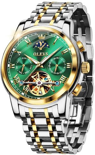 OUPINKE Herrenuhr Automatik Luxus Skelett Mechanik Grün Zifferblatt mit Mondphase Tourbillon Tag Datum Wasserdicht Luminous Zweifarbige Edelstahlarmband