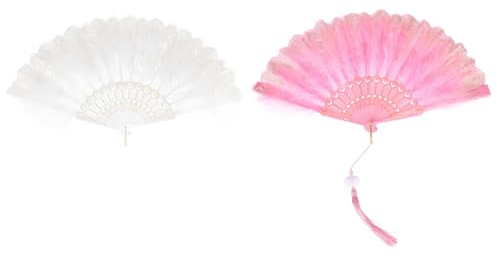 QUARKZMAN Ventaglio a Mano Piume Rosa, Bianche Ventaglio Pieghevole Vintage Nappine Ventaglio a Mano 43x23cm per Decorazione Balli Nozze per Feste Halloween, 2 Pezzi