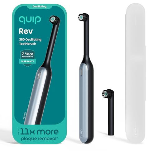 Quip Rev Oscillating Rechargeable Electric Toothbrush with Extra Brush Head - Soft Bristles, Pressure Sensor, 3 Intensities, 30-Day Battery Life, 2-Min Timer, Travel Case, Mirror Mount - Blue Stone