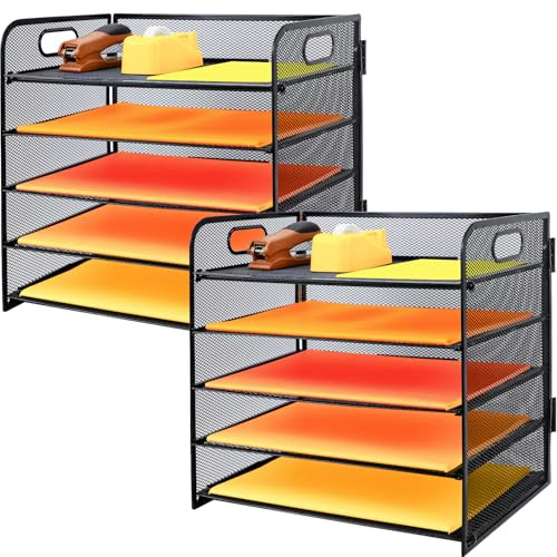 PLSOPPKG Organizer da Scrivania a 5 Livelli con Supporti Verticali Extra, Vassoio per Lettere con Cassetto, Vassoi per Documenti A4, Porta Riviste e Documenti per Casa e Ufficio, nero, Confezione da 2