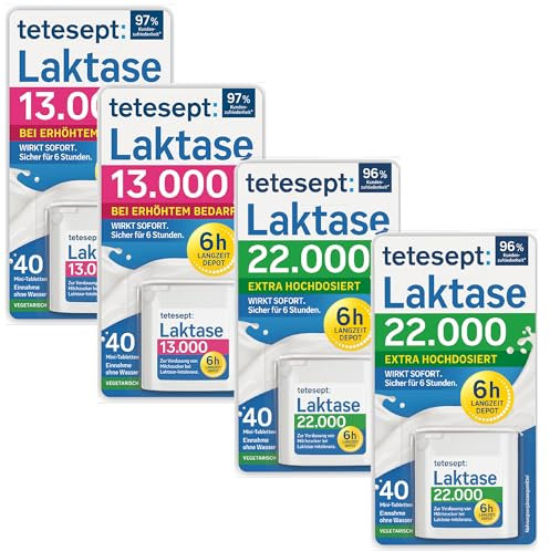 tetesept Laktase 13.000 & 22.000 - Laktasetabletten bei Laktoseunverträglichkeit - Nahrungsergänzungsmittel mit Sofortwirkung & 6h Langzeit-Depot - 4 Dose à 40 Stück