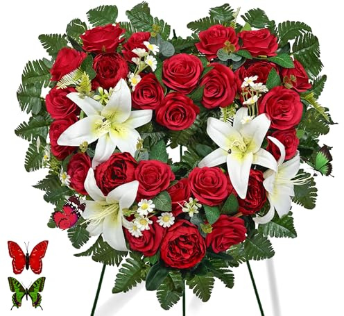 SUHOOKOO Cemetery Flower - Ebullient Remembrance Standing Heart, Grave Wreath with Easel Stand,Memorial Floral-Red Rose Hibiscus/White Lily-27 Inch