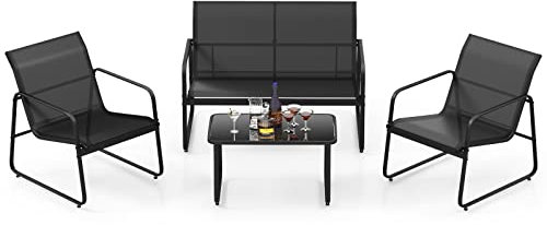 COSTWAY 4-TLG. Gartenmöbel Set, Terrassenmöbel mit atmungsaktivem Stoff, Sitzgruppe, Sitzgarnitur für 4 Personen, Gartengarnitur inkl. 2 Stühlen, Bank & Tisch, für Garten, Terrasse, Pool (Schwarz)