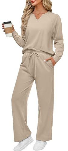 REORIA Women V Neck Activewear Loose Lounge Wear Set Solid Color Tracksuit Co Ord Sets Two Piece Outfit Khaki XL