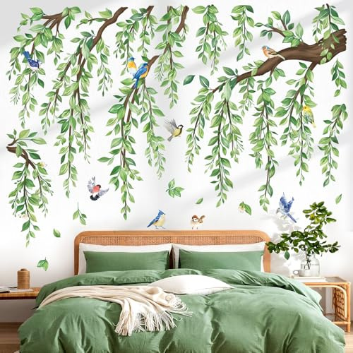 wondever Green Tree Branch Wall Decals Hanging Vine Leaf Wall Stickers (XL) | Peel and Stick, Removable, Wall Art Decals, Wall Decoration, Living Room Bedroom, Office Sofa TV Home Wall Decor