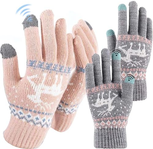 FHUZRE 2 Pares Guantes Mujer Invierno Tactiles Gris y Rosa, Guantes Termicos Mujer Invierno Táctiles Tactil con Patrón de Renos Navidad