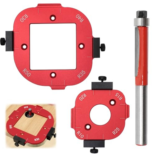 2 stycken radie jigg routermallar justerbar 4-i-1 bågvinkel positioneringsmall med routerbit R10/R15/R20/R25/R30/R35/R40/R50 för träbearbetning (röd)