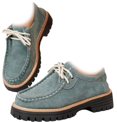 Mocassins orthopédiques à lacets épais pour femme - Mocassins confortables à bout rond en daim à lacets pour les affaires habillées, Vert, 10 UK Wide